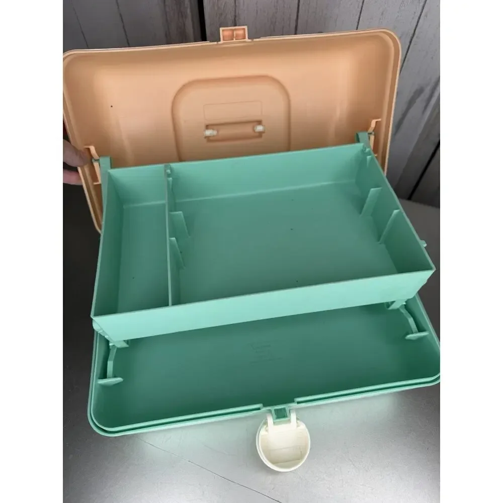 Vintage Y2K Caboodle Makeup Case USA Organizer Peach Teal Two Tier & Mirror